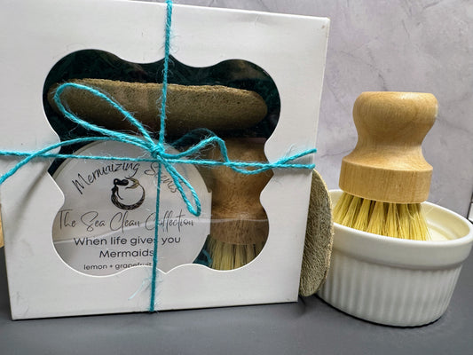 The Sea Clean Collection - Solid Dish Soap Set w/natural loofah and dish brush