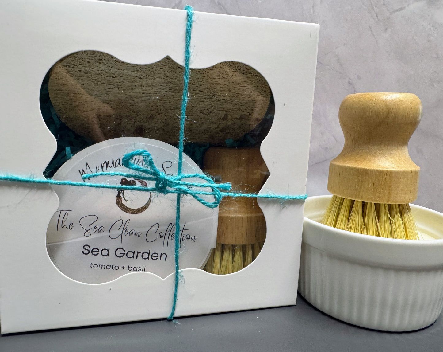 The Sea Clean Collection - Solid Dish Soap Set w/natural loofah and dish brush